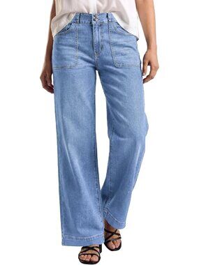 Women's Blue Elastic High Waisted Stretchy Front Big Pocket Straight Leg Jeans